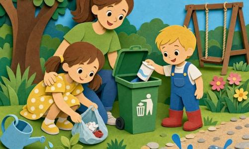 Three characters: Mia, a 5-year-old girl with brown pigtails in a yellow polka-dot dress on the left, crouching to put a small plastic bag into a green trash bin; Ben, a 4-year-old blond boy in blue overalls and red boots on the right, placing a paper cup into the bin and splashing near a small puddle; and their mother, about 30, with tied chestnut hair, a green T-shirt and jeans, standing behind them smiling with her hand on Mia’s shoulder. The scene is a bright park with textured green grass, a large oak on the left, a wooden swing in the background, a gravel path, colorful flowers, and a shiny puddle; the children are gently picking up and sorting litter, smiling in warm sunlight with clear shadows and glistening water drops as Mia slowly waters a small plant, creating a clean, joyful atmosphere.