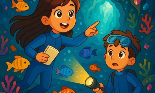 Una ragazza di 10 anni, Sofia, con lunghi capelli castani che fluttuano nell'acqua, indossa una muta blu. Il suo viso esprime meraviglia e curiosità, i suoi occhi brillanti riflettono la luce delle profondità marine. Tiene un piccolo taccuino in una mano e indica con un dito una magnifica grotta sottomarina. Accanto a lei, il suo amico Carlo, un ragazzo di 10 anni con capelli castani e occhiali da sub sulla fronte, guarda con un misto di eccitazione e apprensione. Tiene una torcia, illuminando il cammino davanti a loro. Lo scenario è una grotta sottomarina con pareti scintillanti, adornate di coralli multicolori e pietre preziose, con raggi di luce che filtrano attraverso l'acqua cristallina, creando un'atmosfera magica. La situazione principale mostra Sofia e Carlo che esplorano la grotta, circondati da pesci colorati e creature marine, mentre scoprono un mondo misterioso e incantevole.