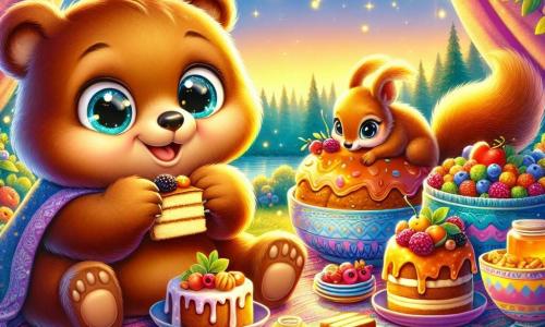 A small brown bear with soft fur and sparkling eyes is sitting on a colorful tablecloth, surrounded by dishes filled with treats like honey cakes and shiny berries. He smiles in wonder, holding a piece of cake in his little paws. Next to him, a small squirrel with bright eyes and reddish fur, wearing a surprised and happy expression, gazes longingly at the dishes. She is sitting on the grass, ready to join the feast. The setting is an enchanted forest, bathed in the golden light of dusk, with majestic trees and colorful flowers gently swaying in the breeze. Sparkling stars begin to appear in the pastel blue sky. The main scene shows the bear and the squirrel sharing a joyful meal, surrounded by magic, as a shimmering golden light floats around them, illuminating their happy faces and creating a warm, festive atmosphere.