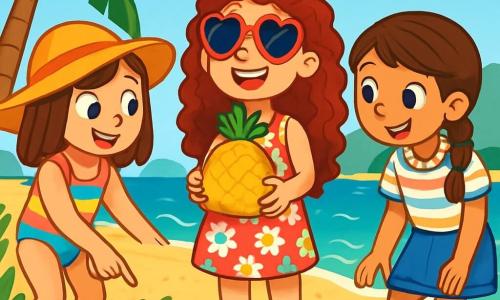 There are three characters: Ruby, a 9-year-old girl with long curly hair and heart-shaped sunglasses, wearing a floral dress and holding a pineapple-shaped cake, is in the center, smiling and excited. Mia, also 9, has straight hair and a wide sun hat, dressed in a colorful swimsuit and sandals, stands to the left of Ruby, pointing at a mysterious envelope under a palm tree. Zoey, a 9-year-old with braided brown hair and a shell necklace, wears a denim skirt and a striped t-shirt, and is to the right of Ruby, looking curiously at the envelope. The setting is on Mango Island beach, featuring golden sand dunes, swaying palm trees, and turquoise waves lapping at the shore, with green mountains and a bright blue sky dotted with white clouds in the background. The main scene shows Ruby, Mia, and Zoey discovering a mysterious envelope under a palm tree, surrounded by colorful flowers and sparkling seashells, as the girls are amazed and curious, eager to uncover the secret of this birthday surprise.