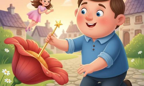 A man named Oliver, round smiling face, short brown hair and bright blue eyes, kneels and reaches for a thin polished golden wand with a sparkling star tip lying on a wet petal beneath a large red flower; a tiny doll-like fairy named Lily with iridescent translucent wings and a pale pink dress hovers just above the flower, hands clasped and face full of wonder; the colorful village garden has round cobbles, green grass, white daisies, a few stone houses with tiled roofs in the background and a pastel sunset sky, soft light illuminating their faces, creating a tender, magical atmosphere.