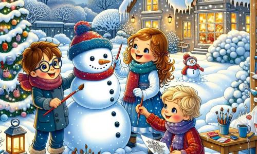 En un jardín nevado, tres niños se reúnen para crear un hermoso mural de invierno. Lucas, un niño de 8 años con cabello castaño y gafas, dibuja un gran muñeco de nieve con una bufanda roja. Ana, una niña de 7 años con cabello rizado y un vestido azul, pinta un árbol cubierto de nieve, su rostro iluminado por la alegría. Finalmente, Pablo, un niño de 8 años con cabello rubio y mejillas sonrosadas, recorta copos de nieve de papel, sentado en una pequeña mesa de madera, rodeado de trozos de papel de colores. El jardín está lleno de nieve brillante, con copos que caen suavemente del cielo. Al fondo, se ve una casa acogedora con ventanas iluminadas y una chimenea humeante, creando un ambiente cálido. Los niños están rodeados de su material artístico, con pinceles, botes de pintura y tazas de chocolate caliente humeante. La escena muestra a los niños colaborando alegremente, compartiendo risas e historias mientras crean juntos su obra de arte invernal.
