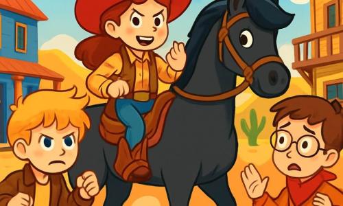 Valentina, uma corajosa cowgirl de cerca de 10 anos, usa um grande chapéu vermelho, uma camisa xadrez e botas de couro. Seu rosto expressa determinação e excitação, enquanto segura firmemente as rédeas de seu cavalo, Relâmpago, um lindo cavalo negro com crinas brilhantes. Jack, um garoto de 12 anos com cabelos loiros bagunçados e uma jaqueta de couro, está à esquerda, com os punhos cerrados, pronto para brigar. Tomás, um garoto de 11 anos com óculos e um bandana vermelho no pescoço, está à direita, parecendo preocupado, observando a cena. A cena ocorre na rua empoeirada da cidade de Sol Dourado, cercada por casas de madeira coloridas e cactos espalhados. Ao longe, colinas douradas se desenham sob um céu azul brilhante. Valentina intervém entre Jack e Tomás, levantando uma mão para acalmá-los, enquanto nuvens de poeira se levantam ao redor, criando uma atmosfera de tensão e aventura.