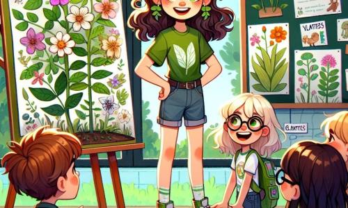 Andreea, o fată de 12 ani, stă mândră în centrul imaginii, cu părul ondulat și ochii strălucitori de determinare. Ea poartă un tricou verde cu un model de frunze și o pereche de pantaloni scurți din denim, ținând un carnet plin cu desene de plante. Fața ei exprimă bucurie și încredere, în timp ce își prezintă proiectul despre florile rare colegilor săi. La dreapta ei, Mihai, un băiat de 12 ani cu părul brun și ochelari, o încurajează cu un zâmbet larg, ținând o afiș colorată cu date științifice. La stânga ei, Elena, o fată de 11 ani cu părul blond și ochelari de soare pe cap, desenează cu entuziasm ilustrații de flori pe o foaie mare de hârtie, adăugând o notă artistică prezentării. Scena se desfășoară într-o sală de clasă luminoasă, cu feronerie deschisă care lasă să pătrundă lumina soarelui. Andreea, plină de pasiune, explică importanța protejării plantelor rare, în timp ce prietenii ei o ascultă cu atenție, creând o atmosferă de susținere și egalitate.