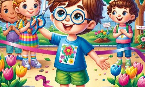 An 8-year-old boy, Charlie, with messy brown hair and round glasses, proudly smiles as he holds a pair of scissors, ready to cut a ribbon. He wears a blue t-shirt and green shorts, and his face radiates joy. Next to him, Emma, an 8-year-old girl with braided blonde hair, shows off her colorful flower drawings, her eyes sparkling with excitement. Leo, an 8-year-old boy with brown hair and a mischievous smile, is digging into the ground with a small shovel, eager to plant tulips. The scene takes place in the schoolyard, where a vibrant garden is taking shape with flowers of all colors, from tulips to daisies, planted in neatly arranged beds surrounded by small white pebbles. In the background, lush trees and a clear blue sky add freshness to the joyful atmosphere. The main focus is on Charlie, Emma, and Leo, surrounded by their classmates, celebrating the inauguration of their friendship garden, a place they created together.
