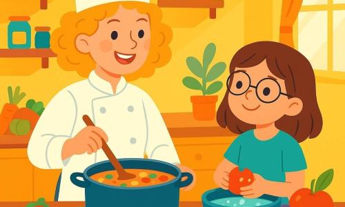 Chef Clara is a cheerful woman with curly golden hair, wearing a large white chef's hat. She has a bright smile and sparkling eyes as she stirs a large pot of colorful soup on the stove. Next to her, Mia, an 8-year-old girl with brown hair and round glasses, washes shiny fruits in a big bowl. She smiles at Clara, happy to help. The scene takes place in a warm, bright kitchen with yellow walls and shelves filled with colorful jars. Fresh vegetables and juicy fruits are scattered on the wooden countertop, while sunlight filters through the window, illuminating the space. The main situation shows Chef Clara and Mia preparing a colorful buffet, surrounded by dishes filled with vegetables, fruits, and small bites, creating a joyful and friendly atmosphere.