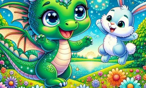 Fiammetta, un piccolo drago verde smeraldo con squame scintillanti e occhi blu brillanti, vola gioiosamente sopra un campo di fiori colorati, con un grande sorriso sul volto e le ali spiegate che brillano al sole. Accanto a lei, un coniglio di peluche, con orecchie lunghe e morbide e occhi rotondi e lucenti, salta con entusiasmo, mostrando la sua gratitudine. La scena si svolge in una foresta incantata, dove gli alberi danzano dolcemente al ritmo del vento, le loro foglie scintillanti come stelle, e fiori multicolori sbocciano ovunque, creando un quadro fiabesco. Fiammetta e il coniglio di peluche si divertono insieme, il drago aiuta il coniglio a saltare più in alto, mentre ridono ed esplorano il loro mondo magico, pieni di felicità e avventura.