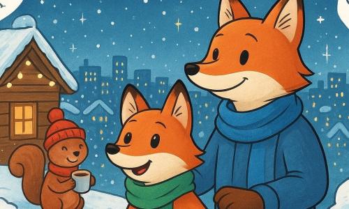 Ein kleiner Fuchs namens Fino, mit leuchtend rotem Fell und einem grünen Schal, schaut fasziniert auf die funkelnden Lichter der Winterstadt. Neben ihm steht sein Onkel Rolo, ein größerer Fuchs mit einem blauen Schal, der warm lächelt und eine Pfote auf Finos Schulter gelegt hat. Im Hintergrund hält ein junger Eichhörnchen mit einer roten Mütze und einem schüchternen Lächeln eine Tasse heiße Schokolade und steht neben einer mit Lichterketten geschmückten Holzhütte. Die Szene spielt sich auf einem schneebedeckten Dach ab, das einen Panoramablick auf eine erleuchtete Stadt bietet, in der sanft Schneeflocken vom Himmel fallen. Die Atmosphäre ist magisch, voller Freude und winterlicher Entdeckungen.