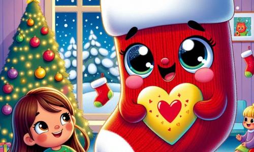 Un pequeño calcetín rojo llamado Calcetínito, con un gran corazón dibujado, sonríe alegremente mientras sostiene una tarjeta de Navidad colorida en sus manos. Sus ojos brillan de emoción mientras se encuentra en el centro de la escena. A su lado, una niña llamada Sofía, con largos cabellos castaños y un vestido verde, mira a Calcetínito con asombro, sus mejillas sonrojadas de alegría. Ella sostiene un lápiz en su mano, lista para escribir un mensaje en una tarjeta. Al fondo, un aula acogedora está decorada con guirnaldas luminosas y un gran árbol de Navidad adornado con bolas coloridas y estrellas brillantes. Copos de nieve caen suavemente por la ventana, añadiendo un toque mágico al ambiente. La escena principal muestra a Calcetínito y Sofía rodeados de sus amigos, todos cantando villancicos y creando tarjetas, llenos de alegría contagiosa y espíritu de compartir.