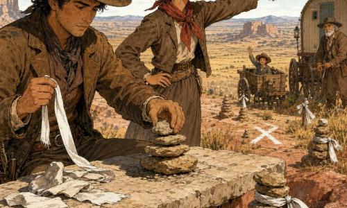 Un hombre (protagonista) mira la pista desde una mesa de piedra, rostro concentrado, traje de vaquero marrón polvoriento, sombrero ancho, botas de cuero desgastadas, sostiene una tira de tela blanca y coloca una pila de piedras; a su derecha Marta (aprox. 18 años), con pañuelo rojo y chaqueta gastada, señala con decisión el paso seguro hacia el horizonte; al fondo un hombre mayor cerca de una caravana, barba gris y sombrero, y un niño agita la mano desde una carreta; escena en una amplia meseta de piedra sobre praderas doradas y rocas rojizas, cielo claro con pocas nubes, la pista muestra cintas blancas, montículos de piedras y una gran X en un sendero peligroso; situación: el vaquero refuerza señalizaciones mientras Marta indica el paso seguro y la caravana se acerca; plano medio, tinta y color, texturas de piedra y tela, paleta cálida (ocre, marrón, rojo) con acentos blancos.