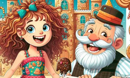 Una ragazza di 12 anni, Livia, con capelli ricci e spettinati, un grande sorriso sul volto, si trova al centro dell'immagine, tenendo una scarpa di gelato al cioccolato in una mano. Indossa un vestito colorato decorato con motivi di caramelle e ha occhi scintillanti di meraviglia. Accanto a lei, Mastro Spaghetto, un uomo anziano con un cappello di spaghetti, un volto allegro e un baffo a forma di forchetta, ride mostrando una mappa del tesoro di carta colorata. Sono entrambi davanti a un castello di biscotti, con muri di pan di zenzero e finestre di zucchero filato, circondati da alberi a forma di lecca-lecca giganti. La scena principale mostra Livia e Mastro Spaghetto mentre scoprono il tesoro nascosto all'interno del castello, mentre un drago di marzapane, addormentato accanto, emette bolle di zucchero filato.