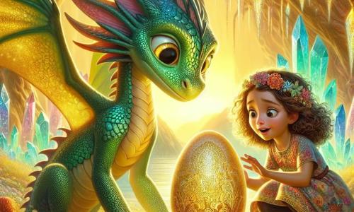 Un dragon cu solzi de smarald, Drago, stă mândru în centrul scenei, cu ochii săi mari și aurii strălucind de excitație și curiozitate. Aripile sale delicate, împodobite cu motive strălucitoare, sunt desfăcute, iar el privește cu bunătate un ou de dragon auriu care pulsează ușor la picioarele sale. Lângă el, Mara, o fetiță de 8 ani cu părul castaniu și buclat, poartă o rochie colorată cu motive florale. Ea se apleacă lângă ou, cu un zâmbet uimit pe față, cu mâinile întinse spre coaja strălucitoare, pregătită să întâmpine noul dragon. Decorul este o vale magică, luminată de razele aurii ale dimineții, cu copaci cu trunchiuri răsucite și flori multicolore care dansează în vânt. Cristale strălucitoare ies din pământ, reflectând culorile curcubeului în aerul proaspăt și pur. Situația principală arată cum Drago și Mara veghează împreună asupra oului de dragon, în timp ce o briză blândă face să plutească petale de flori în jurul lor, creând o atmosferă de magie și uimire.
