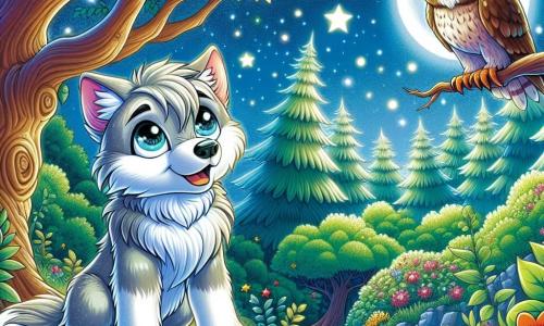 Un lup argintiu mic, numit Luni, stă pe o colină verde, cu ochii strălucind de curiozitate și uimire. Blana lui strălucește sub lumina lunii, iar el privește cerul înstelat cu o expresie de determinare inocentă. Aproape, o bufniță bătrână și înțeleaptă, așezată pe o ramură, are pene maronii și albe, cu ochi rotunzi și strălucitori care par să reflecte stelele. Ea îl observă pe Luni cu un zâmbet binevoitor, pregătită să împărtășească înțelepciunea ei. Locul este o pădure fermecată, scăldată în o lumină blândă de lună, cu copaci majestuoși și frunze strălucitoare. Flori colorate cresc în jurul colinei, adăugând o notă de magie mediului. Situația principală îl arată pe Luni contemplând cerul, în timp ce bufnița îi vorbește, creând un moment de conexiune între ei, plin de curiozitate și înțelepciune.
