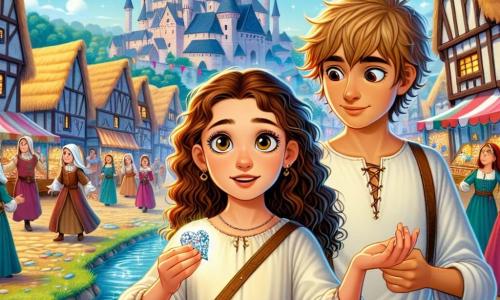 A 10-year-old girl named Mira, with curly brown hair and large sparkling eyes full of curiosity, stands at the center of the scene. She wears a simple tunic and canvas pants, her face expressing wonder and excitement. Next to her is a 10-year-old boy dressed in a linen shirt and leather pants, smiling at Mira while holding a small shiny stone in his hand. The setting is a lively medieval village, with wooden houses thatched with straw, colorful market stalls, and children playing near a sparkling river. In the background, a majestic castle rises, its pointed towers reaching towards the blue sky. The main situation shows Mira, amazed, discovering this ancient world, while the boy shows her the shiny stone, symbolizing an adventure to come.
