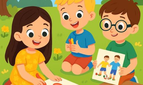 Hay 3 personajes: - Sofía: una niña de 8 años, con largos cabellos castaños y ojos brillantes. Lleva un vestido amarillo con flores y está sentada en el suelo, sonriendo, dibujando un gran corazón en una hoja. - Lucas: un niño de 7 años, con cabello corto y rubio, lleva una camiseta azul y un short. Está al lado de Sofía, sosteniendo lápices de colores y mirando su dibujo con entusiasmo. - Mateo: un niño de 8 años, con cabello castaño y gafas. Lleva pantalones cortos y una camiseta verde. Está un poco apartado, concentrado en su dibujo de un partido de fútbol con su papá. La escena tiene lugar en el jardín soleado de Sofía, lleno de flores coloridas y árboles verdes. Una gran zona de césped se extiende frente a ellos, y una mesa de manualidades está llena de suministros coloridos, como papeles, tijeras y pegamento. La situación principal muestra a los tres amigos creando tarjetas para el Día del Padre, rodeados de risas y creatividad, con dibujos y mensajes de amor para sus papás, todo bajo un cielo azul brillante.