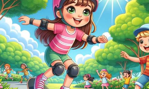 Una bambina di 6 anni, Sofia, con lunghi capelli castani e occhi brillanti, sta facendo skateboard in un parco soleggiato. Indossa un casco rosa e ginocchiere, il suo viso irradia gioia e determinazione mentre si prepara a fare un salto. Accanto a lei, Marco, un ragazzo di 7 anni con capelli biondi e un berretto blu, la incoraggia con un grande sorriso, tenendo il suo skateboard sotto il braccio. Il parco è pieno di verde, con alberi alti e fiori colorati che costeggiano il sentiero. Sullo sfondo, altri bambini giocano e si divertono, creando un'atmosfera gioiosa e dinamica. Sofia, piena di energia e coraggio, si lancia in un salto audace, pronta a mostrare a tutti i suoi progressi con lo skateboard, mentre Marco la incoraggia con entusiasmo.