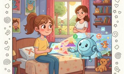 Niña de 10 años, maravillada pero pensativa, con grandes ojos brillantes, pelo castaño en coleta, camiseta amarilla y vaqueros, sentada al borde de su cama de madera sosteniendo una tableta luminosa que proyecta colores vivos; un pequeño robot llamado Pixel aparece parcialmente en la tableta y en la habitación, diseño redondeado y amistoso, superficie metálica azul claro, gestos acogedores hacia la niña; la madre, unos 35 años, está en el marco de la puerta, sonriente y benévola, ropa informal, brazos cruzados a pocos pasos detrás; por la ventana se ve un parque con niños jugando y árboles bajo un cielo azul y entra una franja de luz solar cálida; la habitación es colorida con pósters, estantes con libros, peluches y una alfombra con motivos; la tableta proyecta elementos digitales (volcán colorido, dragón dibujado, burbujas de iconos) que se derraman en estilo dibujo animado en la habitación; momento de transición entre mundo digital y real: la niña duda pero sonríe, contraste entre la luz fría de la pantalla y la luz cálida exterior, composición dinámica, paleta viva y contrastada, líneas suaves y estilo ilustrativo infantil con atmósfera optimista y equilibrada.