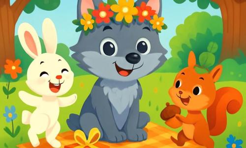 A small wolf with sparkling eyes and soft gray fur, wearing a crown of colorful flowers, smiles in wonder. He is sitting on a checkered blanket, surrounded by his new animal friends. Next to him, a cheerful little bunny with big ears and white fur dances on her hind legs, beaming with a bright smile and joyful eyes. A mischievous squirrel, with a bushy tail and a little leaf hat, performs pirouettes while holding an acorn. The setting is a sunny clearing, bordered by majestic trees with vibrant green leaves, and colorful wildflowers swaying in the breeze. In the center, a large checkered blanket is spread out, filled with treats like blueberry pies and golden cookies. The main scene shows the little wolf celebrating his birthday surrounded by his animal friends, laughing and sharing gifts, creating an atmosphere of joy and friendship.