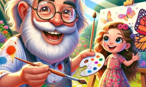 An elderly man, Mr. Painter, with a long white beard and round glasses, smiles joyfully. He wears a colorful shirt splattered with paint and holds a brush in one hand, while showing a vibrant canvas full of colors. His eyes sparkle with enthusiasm, reflecting his passion for art. Next to him, an 8-year-old girl, Lily, with curly brown hair, looks on in wonder. She wears a floral dress and holds a small sketchbook in her hands. Her face is lit up by a big smile as she prepares to paint a beautiful butterfly. The scene takes place in a sunny garden filled with colorful flowers and lush trees. Sun rays filter through the leaves, creating dancing shadows on the ground. Brushes and paint pots are scattered around them on the grass. In this main situation, Mr. Painter and Lily joyfully collaborate to create a piece of art, mixing bright colors to bring a butterfly to life, symbolizing friendship and creativity.
