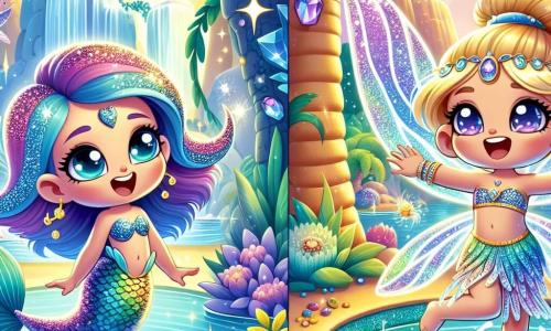 Mira, the mermaid, is a small magical creature with a shimmering tail in bright colors, ranging from blue to purple, and scales that sparkle like stars. She has large, curious eyes and a radiant smile, expressing contagious joy as she swims in the clear water of an oasis. Bree, the desert sprite, is a small being with golden hair and translucent wings that glisten in the sun. She has a joyful face and bright eyes, dancing around Mira, laughing and playing in the water. The setting is an enchanting oasis, surrounded by majestic palm trees and vibrant flowers. The water is crystal blue, and sparkling crystals decorate the entrance of a nearby mysterious cave, where sunlight reflects in a thousand glimmers. The main scene shows Mira and Bree joyfully playing in the oasis water, splashing shimmering droplets around them, while preparing to enter the magical cave where wishes come true.