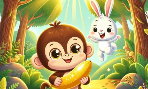 A little monkey named Momo, with brown fur and sparkling curious eyes, joyfully stands at the foot of a golden tree, holding a shiny banana in his small hands, a big smile on his face. Next to him, Benny the rabbit, with white fur and long ears, jumps for joy, his eyes wide with wonder as he looks at the golden banana. In the background, the Whispering Forest is filled with majestic trees with bright green leaves, and rays of sunlight filter through the branches, creating a magical and bright atmosphere. Momo and Benny celebrate their treasure discovery, surrounded by the beauty of the jungle, symbolizing friendship and bravery.
