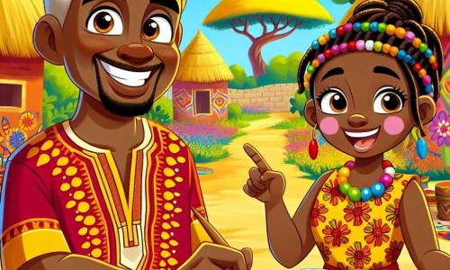 Kofi, a man with caramel skin and sparkling curious eyes, stands in the center of the image, a broad smile illuminating his face. He wears a colorful tunic with vibrant African patterns and holds a paintbrush in one hand while painting a large yellow sun on a brightly colored wall with the other. Ama, a woman in her thirties, stands next to him, her arms covered in paint, joyfully showing him a pot of red paint. She has braided hair adorned with colorful beads and wears a traditional dress with floral patterns. The setting is a picturesque African village with clay huts and thatched roofs, surrounded by majestic baobab trees and fields of multicolored flowers under a bright blue sky. The main scene shows Kofi and Ama painting together for the Festival of Colors, surrounded by joyful villagers who encourage them, creating a festive and warm atmosphere.