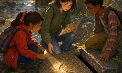 Three children: Mia, 12, dark chestnut bob, fair freckled skin, olive-green sweatshirt and worn jeans, center holding a partially unfolded old map in her right hand and looking at a carved stone; Ellie, 11, brown hair in a ponytail with an orange ribbon, tanned, bright red jacket and colorful backpack, left of Mia crouched holding a small mirror-lamp reflecting a beam onto a crescent engraving; Jasper, 12, short black hair, thin glasses, plaid shirt and khaki pants, right of Mia leaning on a rock with one hand on a sliding stone mechanism that's beginning to open. Setting: park riverbank by a clear stream with a wooden dock, tall deep-green grasses and ferns, wet mossy grey rocks and slab-like carved stone, late afternoon light casting golden reflections and long shadows. Scene: the children discover a secret opening between stones as Ellie's mirror creates a sparkling line on the crescent carving; Mia holds the map, Jasper touches the opening stone; mood of wonder and gentle suspense, with visible textures of wood, wet stone, worn fabric, and glittering quartz on nearby walls.