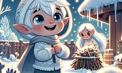 Mały elf lodowy o imieniu Śnieżek, z oczami błyszczącymi jak gwiazdy i słodką białą kapturem, radośnie stoi w środku zaśnieżonego ogrodu, otoczony delikatnie opadającymi płatkami śniegu. Uśmiecha się z zachwytem, trzymając kawałek drewna w małych rączkach, gotowy dodać go do starannie ułożonego stosu. Obok niego jego mama, większa elf lodowy z srebrnymi włosami i ciepłym uśmiechem, z dumą go obserwuje, z założonymi rękami, podziwiając ogród pokryty grubą warstwą lśniącego śniegu. Wydaje się szczęśliwa i zachęcająca, gotowa pomóc mu w przygotowaniach. Ogród to magiczne miejsce, pełne roślin uśpionych pod śnieżnymi kołdrami, z drzewami o gałęziach obciążonych szronem, podczas gdy z tyłu domu emanuje delikatne złote światło, tworząc ciepłą i przytulną atmosferę. Główna scena pokazuje Śnieżka i jego mamę przygotowujących swój ogród na zimę, z tańczącymi wokół płatkami śniegu, symbolizującymi magię i piękno zimowego sezonu.