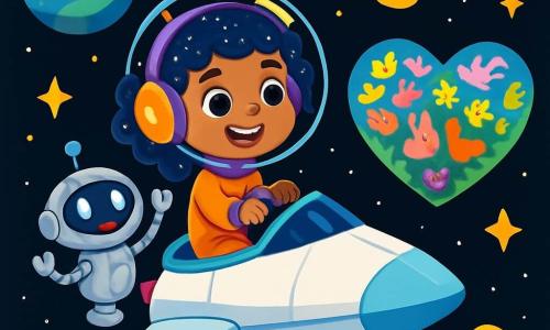 Luna, uma jovem com cabelos cacheados e brilhantes como estrelas, usa um capacete futurista com luzes cintilantes. Ela sorri animadamente, com os olhos brilhando de aventura, enquanto pilota sua nave espacial. Ao seu lado, Tico, um pequeno robô amigável e arredondado, com olhos luminosos e corpo prateado, flutua alegremente, pronto para ajudar na missão. A cena ocorre no vasto espaço, cercada por planetas coloridos em tons vibrantes de azul, verde e roxo, com estrelas cintilantes iluminando o fundo negro do universo. A nave, com linhas elegantes e futuristas, desliza suavemente entre asteroides brilhantes e cometas. Luna e Tico planejam sua próxima destino, observando um lindo planeta em forma de coração, cheio de flores multicoloridas e animais curiosos, prontos para serem descobertos.