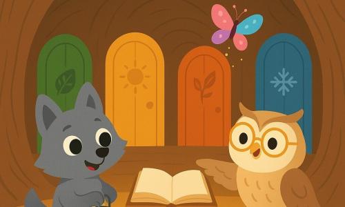 O personagem principal é um pequeno lobo antropomórfico de pelo cinza, olhos grandes e brilhantes e sorriso curioso, segurando uma pequena lâmpada amarela; ao seu lado, o Guardião do Tempo é uma velha coruja redonda com óculos dourados, plumagem bege e castanha, que aponta para as portas com uma asa; uma borboleta colorida voa diante da porta da Primavera com asas translúcidas rosa e azul deixando um rastro de pólen luminoso; o cenário é o interior de um tronco de árvore oco transformado em sala circular com paredes de madeira esculpida, piso de placas luminosas, quatro portas verdes, amarelas, laranja e azuis e um grande livro antigo num pedestal ao centro; Lupi está diante das quatro portas das estações, com luz quente e mágica entrando pelas fendas da madeira, composição simples e clara, cores saturadas e formas suaves para um efeito acolhedor e legível.