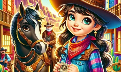 Sofia, o cowgirl curajoasă de aproximativ 10 ani, poartă o pălărie mare din piele maro, o cămașă în carouri roșii și o vestă din denim. Ochii ei strălucitori exprimă entuziasm și determinare în timp ce ține în mână un bilet vechi și misterios. Lângă ea se află calul ei credincios, Fulger, un mustang cu blană neagră lucioasă, care pare nerăbdător să plece în aventură. În fundal, un bărbat în vârstă, șeriful din Silver Creek, de aproximativ 60 de ani, cu o mustață albă și un insignă strălucitoare, o observă pe Sofia cu un zâmbet binevoitor, ținându-și pălăria de cowboy. Decorul este un mic sat din Vestul Sălbatic, cu case din lemn cu fațade colorate, cactuși verzi și munți aurii la orizont sub un cer albastru strălucitor. Sofia se pregătește să plece în căutarea unui comoară misterioasă, vântul ridicându-i ușor părul, în timp ce locuitorii satului se adună în jurul ei, curioși și îngrijorați, creând o atmosferă de entuziasm și mister.