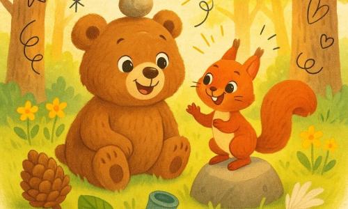 Een realistisch groot knuffelbruinbeer met geconcentreerde, blije blik en glanzende ronde ogen houdt een kleine ronde steen op zijn hoofd en probeert die recht te houden; een levendig roodbruin eekhoorntje met fonkelende ogen en een ondeugende glimlach springt op een steen naast hem en heft een pootje alsof het applaudisseert. Rondom liggen verspreid in het gras een grote bruine dennenappel, een glanzend groen blad, een blauw bloempotje en een wit veertje. Het tafereel speelt zich af in een zonovergoten open plek in een zachte bosomgeving met textuurrijke groene grassprieten, gele wilde bloemen, grove bomen en gouden zonnestralen; speelse, warme kleuren, zachte lijnen en afgeronde vormen in een vrolijke jeugdstijl met kleine doodles (sterren, pijlen, hartjes) overlay.