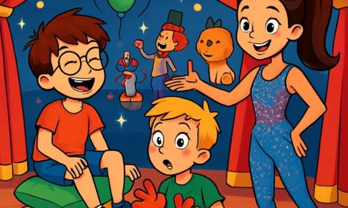 Er zijn 3 personages: - Sam: een 10-jarig jongen met rommelig bruin haar en ronde brillen. Hij draagt een rode t-shirt en een blauwe short. Hij lacht terwijl hij op een stapel kleurrijke kussens zit. - Finn: een 10-jarig jongen met blond haar en sproeten. Hij draagt een groene t-shirt en korte broek. Hij staat naast Sam, met grote ogen van verrassing, en houdt een paar clownhandschoenen vast. - Jolanda: een 12-jarig trapeziste met lang, glanzend haar in een hoge paardenstaart. Ze draagt een glinsterend kostuum met multicolore pailletten. Ze glimlacht en maakt een uitnodigend gebaar naar de jongens, terwijl ze op een podium staat dat versierd is met rode gordijnen. De scène speelt zich af in een levendig circus met rode en gouden gordijnen, fonkelende lichten en kleurrijke ballonnen die in de lucht zweven. Op de achtergrond zijn clowns aan het jongleren en excentrieke dieren te zien, zoals een olifant in een tutu en een leeuw met een hoge hoed. De hoofdscene toont Sam en Finn, verwonderd en vermaakt, die de magische wereld van het circus ontdekken. Sam staat op het punt om in een berg kussens te springen, terwijl Finn de clownhandschoenen vasthoudt, klaar om deel te nemen aan het avontuur.
