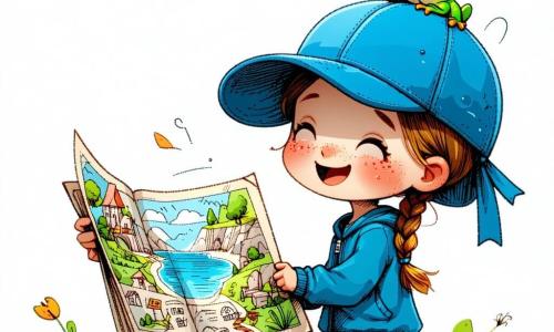 Lila, 10-jährige, fröhlich und erstaunt mit hellbraunen geflochtenen Haaren und Sommersprossen, hält eine bunt bebilderte Karte und lacht über eine kleine Szene, Max, etwa 10, trägt eine riesige blaue Mütze tief über den Augen, überrascht und amüsiert, steht rechts hinter ihr mit einer Hand am Kopf, aus der Mütze springt ein leuchtend grüner Frosch mit ausgestreckten Beinen und offenem „Quak“, links vorn sitzt eine grau-weiße gestreifte, flauschige Katze, die schelmisch lächelt und die Pfote hebt, der helle Park hat bunte Pflastersteine, grüne Bäume, eine Holzbank, Wimpelgirlanden und Blumen, einige Doodles schweben, Szene: lustiger magischer Moment, Kinder lachen, warme Atmosphäre, kräftige Farben und runde einladende Formen in einer zentrierten dynamischen Komposition.