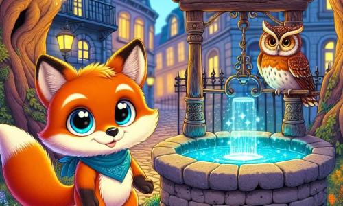 Ein kleiner, leuchtend orangefarbener Fuchs mit neugierigen, funkelnden Augen und einem entschlossenen Lächeln steht vor einem alten, braunen Brunnen, dessen Wasser in einem magischen blauen Licht glänzt. Er scheint bereit zu sein, in ein Abenteuer einzutauchen, mit aufgerichteten Ohren und glänzendem Fell im Licht der untergehenden Sonne. Neben ihm schwebt eine große Eule mit goldenen Federn und weisen Augen leicht in der Luft und schaut den Fuchs mit einem ernsten, aber ermutigenden Ausdruck an, als ob sie ihm ein großes Geheimnis anvertrauen würde. Der Ort ist ein zauberhafter Stadtpark, umgeben von alten, knorrigen Bäumen, die einen gepflasterten Weg umgeben, und bunten Blumen, die zwischen den Platten wachsen. Im Hintergrund erheben sich alte Gebäude mit schmiedeeisernen Balkonen, während Lichter in den Fenstern funkeln und eine magische Atmosphäre schaffen. Die Hauptsituation zeigt den Fuchs, der bereit ist, ein Geheimnis zu lösen, fasziniert vom Funkeln des Brunnens, während die Eule ihm Ratschläge zu den bevorstehenden Gefahren gibt und eine Atmosphäre von Aufregung und Geheimnis schafft.