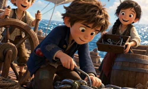 The main character is Finn, about 10, round face and messy brown hair, wearing a patched navy jacket, looking focused and proud as he leans over the shiny anchor chain using a small metal hook to free a knot, a red apple in his pocket; a secondary character, Pip, about 10 with messy blond hair and an excited, breathless expression, stands to Finn’s left on the wooden deck holding the wheel steady; another secondary, Tilly, about 9 with black braided hair and laughing wide eyes, reaches an open toolbox to Finn from near a barrel; the scene is the wooden deck of the old pirate ship Sea Sprout with wet ropes, barrels, billowing white sails and the anchor chain descending to a sparkling sea, droplets and seaweed clinging to the chain, warm optimistic lighting capturing a vivid teamwork moment.