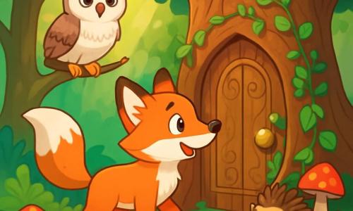 Im Herzen eines verwunschenen Waldes steht ein kleiner, leuchtend roter Fuchs mit neugierigen Augen vor einer alten Holztür, die in einem großen knorrigen Baum verborgen ist. Er sieht aufgeregt und entschlossen aus, mit aufgerichteten Ohren und zitterndem Schwanz. Neben ihm sitzt eine weiche, weiße Eule auf einem Ast und beobachtet aufmerksam mit ihren großen, intelligenten und weisen Augen. Ein kleiner Igel mit braunen Stacheln und einem schüchternen Ausdruck steht etwas abseits und schaut mit weit aufgerissenen Augen voll Staunen auf die Szene. Der Ort ist in goldenes Licht getaucht, mit Sonnenstrahlen, die durch die grünen Blätter filtern und den mit Moos und bunten Blumen bedeckten Boden erhellen. Die Holztür ist mit zarten Mustern verziert, umgeben von Efeu und bunten Pilzen, was eine magische und mysteriöse Atmosphäre schafft. Die Hauptsituation zeigt den Fuchs, der bereit ist, die geheime Tür zu öffnen, mit seinen Pfoten auf dem Boden, während seine Freunde ihn mit aufgeregten und erwartungsvollen Gesichtsausdrücken anfeuern, bereit, den verborgenen Schatz hinter dieser geheimnisvollen Tür zu entdecken.