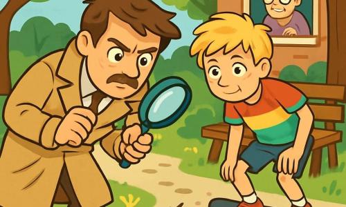 Een man, Sam, is een vastberaden detective met rommelig bruin haar en een dunne snor. Hij draagt een beige trenchcoat en houdt een vergrootglas in zijn rechterhand, terwijl hij geconcentreerd naar de grond kijkt. Naast hem staat een dertienjarige jongen, Tim, met onverzorgd blond haar, gekleed in een kleurrijk t-shirt en een korte broek. Hij leunt op zijn skateboard en kijkt nieuwsgierig naar Sam. Op de achtergrond kijkt een oudere vrouw, mevrouw De Vries, met ronde bril en een knot, bezorgd door het raam van haar huis. De scène speelt zich af in een klein groen park, omringd door bomen met felgroene bladeren, met houten banken en een grindpad. Kleurrijke bloemen sieren het pad en zorgen voor een vrolijke sfeer. Sam ontdekt een vergeten sjaal op de grond, naast modderige sporen en een gebroken tak, wat hem perplex en nieuwsgierig maakt. De lucht is mysterieus en de schaduw van de bomen creëert een intrigerende sfeer.