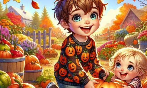 An 8-year-old boy with tousled brown hair and sparkling eyes is wearing an orange sweater with pumpkin patterns. He is crouched in an autumn garden, surrounded by golden and red leaves, holding a large pot of shiny apples, a big smile lighting up his face. Next to him, his 3-year-old sister, with curly blonde hair and round cheeks, is trying to lift a small pumpkin, her eyes wide with surprise. In the background, a lush garden is filled with colorful vegetables, wilted flowers, and a large oak tree with vibrant leaves. The scene conveys a warm and joyful atmosphere, illustrating the happiness of the autumn harvest with laughter and bright colors.