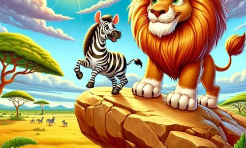 Een majestueuze leeuw, genaamd Leo, staat trots op een grote gouden rots, de Zonnesteen, met een vurig manen die in de zon glanst. Zijn ogen, vol wijsheid en vastberadenheid, tonen diepe bezorgdheid terwijl hij om zich heen kijkt, op zoek naar antwoorden. Naast hem springt een blije zebra genaamd Zara, met stralende zwart-witte strepen, van opwinding. Ze heeft een stralende glimlach en haar ogen fonkelen van nieuwsgierigheid, klaar om haar vriend te helpen in hun zoektocht. Op de achtergrond strekt de uitgestrekte savanne zich uit tot aan de horizon, bezaaid met kleurrijke bloemen en grote groene bomen onder een stralende blauwe lucht, waar de zon fel schijnt. De scène toont Leo en Zara in volle discussie, vastbesloten om de verdwenen kroon van de koningin terug te vinden, omringd door de schoonheid van de natuur, wat het avontuur en de vriendschap symboliseert die hen verbindt.