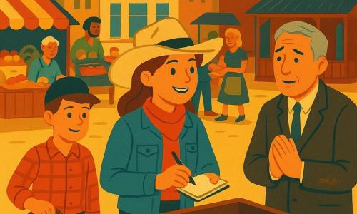 Een jonge vrouw, Lila, glimlachend en vastberaden, draagt een beige cowgirlhoed, felrode sjaal, spijkerjasje en stoffige laarzen, houdt een klein notitieboekje en potlood en staat bij een grote houten inzamelkist vol munten; een jongen van circa 10, Tom, met een scheve pet en geruit hemd, kijkt trots en houdt een oud lasso, licht achter en links van de kist; een oudere man, meneer Blackwell (50–60), in een eenvoudig, met aarde bevlekt pak en grijs haar, heeft een berouwvolle en opgeluchte uitdrukking, staat rechts met de handen samengevouwen. Decor: dorpsplein bij zacht zonlicht met houten bankjes, kleurrijke marktkramen (appels, taarten, ambachtelijke spullen), bank met grote ramen, oude zagerij en klein saloon met veranda, wapperende slingers. De gemeenschap verzamelt zich rondom de inzamelkist: vriendelijke uitwisselingen, kinderen helpen, volwassenen die munten aanbieden; warme sfeer, vlakke contrastrijke kleuren, eenvoudige heldere vormen en gouden avondlicht. Grafische stijl: affiche met kleurvlakken, zuivere vormen, sterke contrasten, lichte papiertexturen, warme kleurenpalet (oker, rood, denimblauw, saliegroen), compositie gecentreerd op Lila en de kist om solidariteit en hoop uit te drukken.