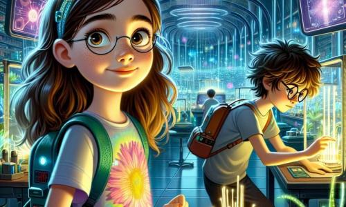 Al centro dell'immagine, una ragazza di 12 anni di nome Camilla, con lunghi capelli castani e occhi pieni di curiosità, si trova davanti a un laboratorio futuristico. Indossa una maglietta colorata e uno zainetto dotato di pannelli solari. La sua espressione è di eccitazione e determinazione mentre osserva un generatore di energia brillante che pulsa di luce. Alla sua destra, Leo, un ragazzo di 13 anni con capelli arruffati e occhiali rotondi, è chinato su un tavolo da lavoro, circondato da piante bioluminescenti. Appare concentrato ed entusiasta, con un piccolo dispositivo in mano, pronto a fare un esperimento. Il laboratorio si trova in un edificio futuristico, fatto di vetro e metallo, con muri che scintillano di colori cangianti. Schermi olografici fluttuano intorno, mostrando dati scientifici e immagini della città di Lumina, illuminata da luci vivaci e veicoli volanti. La scena principale mostra Camilla e Leo che collaborano per stabilizzare un generatore di energia, circondati da piante luminose che emettono una dolce luce verde, immersi nel loro lavoro, determinati a risolvere un problema cruciale per la loro città futuristica.