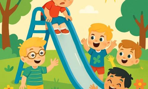 Es gibt vier Kinder: Lukas, ein 7-jähriger Junge mit zerzausten braunen Haaren und blauen Augen, trägt ein rotes T-Shirt und eine blaue Shorts. Er steht nervös oben auf der großen Rutsche und schaut nach unten. Felix, ein 8-jähriger Junge mit blonden Haaren und einer Brille, trägt ein grün gestreiftes Hemd und beige Hosen. Er steht unten an der Rutsche, lächelt und ermutigt Lukas, hinunter zu rutschen. Max, ein 7-jähriger Junge mit braunen Haaren und Sommersprossen, trägt ein blaues T-Shirt mit einem Dinosaurier-Motiv und eine rote Shorts. Er steht neben Felix und applaudiert Lukas. Timo, ein 6-jähriger Junge mit schwarzen Haaren und funkelnden Augen, sitzt in einem gelben Kapuzenpullover im Rollstuhl. Er steht direkt vor der Rutsche, lächelt und ermutigt Lukas mit einer großen Handbewegung. Die Szene spielt in einem sonnigen Park mit üppigem grünem Laub und bunten Blumen. Im Mittelpunkt steht eine große, glänzende Metallrutsche, die in der Sonne funkelt. Die Kinder spielen herum, und das Gras ist leuchtend grün, gesprenkelt mit Spielzeug und Ballons. Lukas steht zögernd an der Spitze der Rutsche, während seine Freunde ihn mit Lächeln und fröhlichen Gesten anfeuern. Lukas zeigt eine Mischung aus Angst und Entschlossenheit, während die Aufregung seiner Freunde eine Atmosphäre voller Unterstützung und Freundschaft schafft.