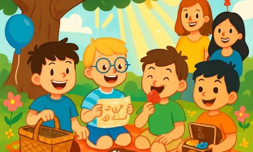 There are 4 children: Max, an 8-year-old boy with messy brown hair and sparkling eyes, wearing a blue t-shirt and red shorts, smiling widely while holding a picnic basket. Eli, also 8, with round glasses and blonde hair, dressed in a striped t-shirt and shorts, laughing while holding a treasure hunt map. Sam, an 8-year-old with brown hair and a jam-sticky face, wearing a green t-shirt and beige shorts, enjoying a strawberry with a satisfied smile. Charlie, an 8-year-old with black hair and a mischievous grin, wearing an orange t-shirt and blue pants, proudly holding a small treasure chest filled with surprises. The children are sitting on a large checkered blanket under a big oak tree, surrounded by colorful flowers and sunlight filtering through the leaves. They are preparing a picnic for Mother's Day with sandwiches and a chocolate cake, while their surprised and happy moms watch them with radiant smiles. Balloons float in the air, and a curious squirrel observes them from a branch.
