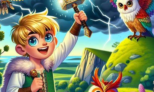 No topo de uma colina verdejante, um jovem viking chamado Bjorn, um garoto de 10 anos com cabelos dourados e olhos brilhantes de curiosidade, ergue um martelo mágico cintilante, seu rosto radiante de excitação e determinação. Ao seu lado, uma coruja sábia, com penas marrons e olhos redondos, sobrevoa a cena, observando atentamente as nuvens ameaçadoras que se acumulam no horizonte. Um papagaio colorido, vibrante em tons de verde e vermelho, pousa no ombro de Bjorn, pronto para incentivá-lo em sua aventura. O cenário é uma colina majestosa, salpicada de flores selvagens em cores vibrantes, com um céu tempestuoso ao fundo onde nuvens escuras assumem formas fantásticas, evocando dragões. A cena principal mostra Bjorn levantando seu martelo em direção ao céu, invocando o poder dos elementos para dissipar a tempestade mágica que ameaça sua aldeia, enquanto seus amigos pássaros o cercam, prontos para ajudá-lo nessa busca heroica.