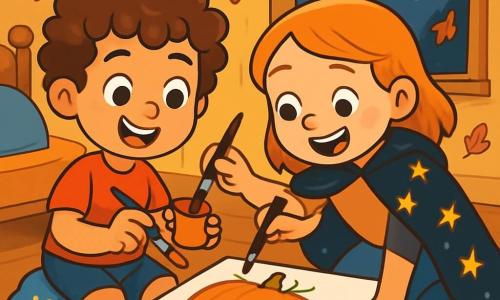 Een 6-jarig jongetje, Sam, met krullend haar en sterrensokken, glimlacht enthousiast terwijl hij een penseel in de ene hand en een pot oranje verf in de andere houdt. Zijn ogen stralen van vreugde en verwachting terwijl hij zich concentreert op een grote glimlachende pompoen die hij op een vel papier heeft getekend. Naast hem staat zijn beste vriendin Noor, een 8-jarig meisje, die een zwarte cape met sterren draagt. Ze lacht terwijl ze ronde, glanzende ogen aan de pompoen toevoegt en zich iets naar Sam leunt om hem haar werk te laten zien. De scène speelt zich af in een warme kamer, versierd met lichtslingers en herfstbladeren. Een open raam laat een lichte bries binnen, waardoor de bladeren buiten dansen. Sam en Noor werken vrolijk samen om een Halloween-pompoen te creëren, vol levendige kleuren en glimlachen, terwijl een zachte maanlicht hun creativiteit verlicht.