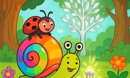 A little snail named Sammy, with a shiny, brightly colored rainbow shell, joyfully glides over the green grass, his eyes sparkling with curiosity and excitement. Next to him, a small red ladybug named Lucy, with delicate wings and black spots, smiles as she clings to his shell, ready for adventure. They are in an enchanted clearing, surrounded by tall, gnarled trees, colorful flowers, and soft light filtering through the leaves. Sammy and Lucy discover a shimmering silver tree at the center of the clearing, its shiny leaves emitting a magical glow, while a small silver bell gently falls at their feet, illuminating their faces with wonder.