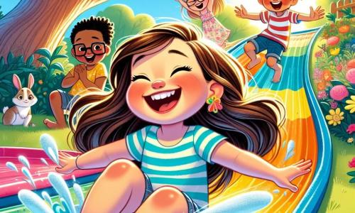A 10-year-old girl, Lucy, with long brown hair in a ponytail, a big joyful smile, and sparkling eyes of excitement, slides down a large colorful slip 'n slide, splashing water around her. Next to her, Max, a 9-year-old boy with messy hair and a striped t-shirt, laughs loudly as he prepares to slide down too, while Ella, a 10-year-old girl with glasses and a flower dress, claps and cheers for her friends from the edge of the slide. The setting is a sunny garden filled with colorful flowers and a large shady oak tree, under a clear blue sky dotted with fluffy white clouds. The children's laughter mingles with the songs of birds, and a group of curious little rabbits watches the scene with bright eyes. The main situation shows Lucy and her friends having fun together, creating giant water splashes while laughing, with sparkling droplets of light flying around them, capturing the spirit of friendship and joy.