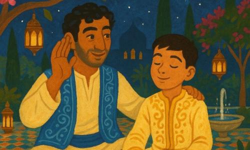 A man (Amir), about 25, with a gentle smiling olive face and curly black hair, wearing an off-white tunic and embroidered blue vest, sits cross-legged on a cushion with a hand resting gently on the boy's shoulder and the other cupped near his ear in an inviting listening gesture; a boy (Prince Zayn), about 16, with a calm, curious face, wears a cream silk robe with gold patterns, sits beside Amir with half-closed eyes and a slight smile, hands on his knees, listening and relaxing; a small brown nightingale with a pale throat perches on a low branch above them and sings, a few stylized musical notes floating in the air; the setting is a palace night garden with colorful mosaic floor, small shiny marble fountains, cypress and bougainvillea, pierced metal lanterns casting warm light, a starry sky and a large golden moon; the scene is a quiet, intimate moment of Amir teaching Zayn to listen to nature, with warm lighting and blue-gold contrasts, composition centered on the two figures and the nightingale.