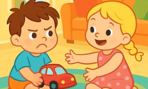 A 2-year-old boy with messy brown hair and sparkling curious eyes is sitting on a soft, colorful rug. He looks at his shiny red toy car with an expression of frustration and jealousy. Next to him, his friend Mia, a 3-year-old girl with braided blonde hair and a polka dot pink dress, smiles as she reaches for the car. She sits cross-legged, eager to play. The scene takes place in a cozy living room with pastel yellow walls, scattered toys, and a large window letting in sunlight. In the background, a plush sofa and colorful cushions create a welcoming atmosphere. In this illustration, the little boy feels a strong emotion as he hesitates to share his car with Mia, who is excited to play with him.
